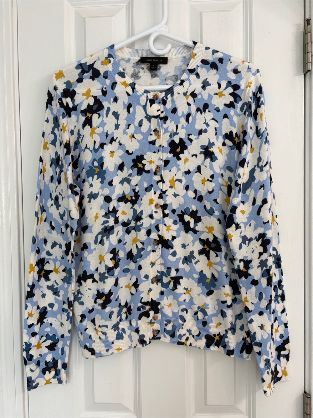 Ann Taylor Multi-shade Blue and Golden Yellow Floral Cotton Button Cardigan